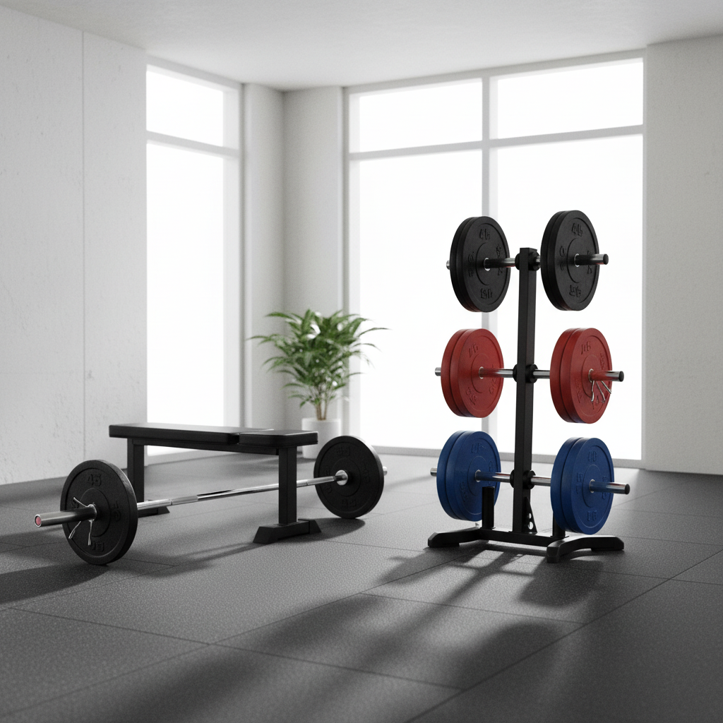 Modern home gym with weight plate storage rack