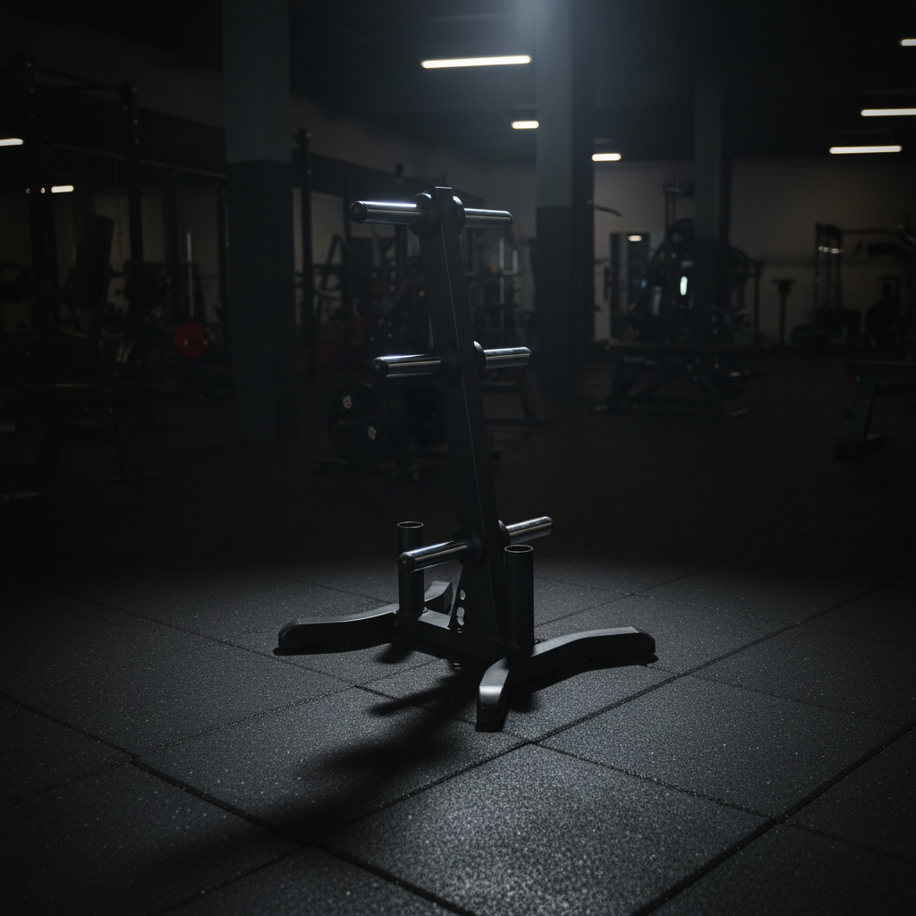 Premium weight plate storage rack with dramatic lighting