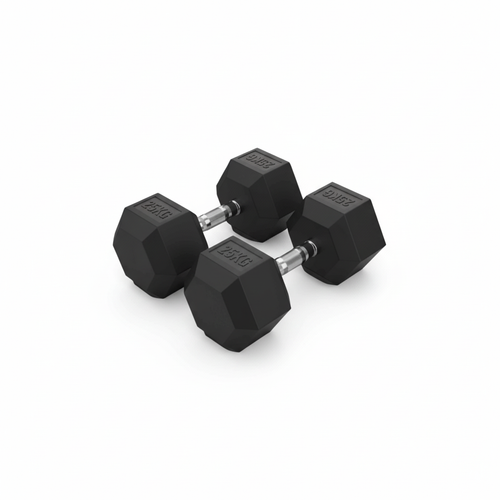 Ultra-realistic studio product photography of black 5KG hex dumbbells