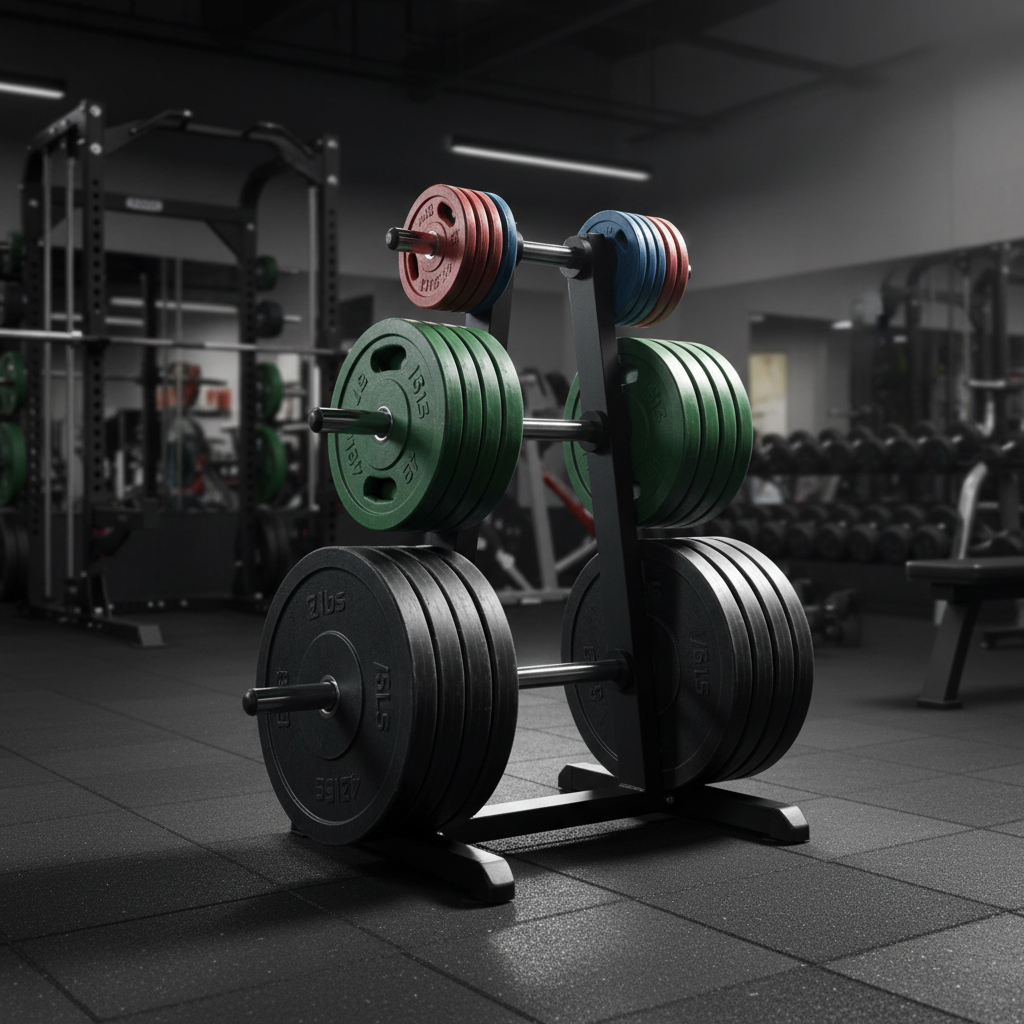 Weight plate storage rack loaded with plates in gym